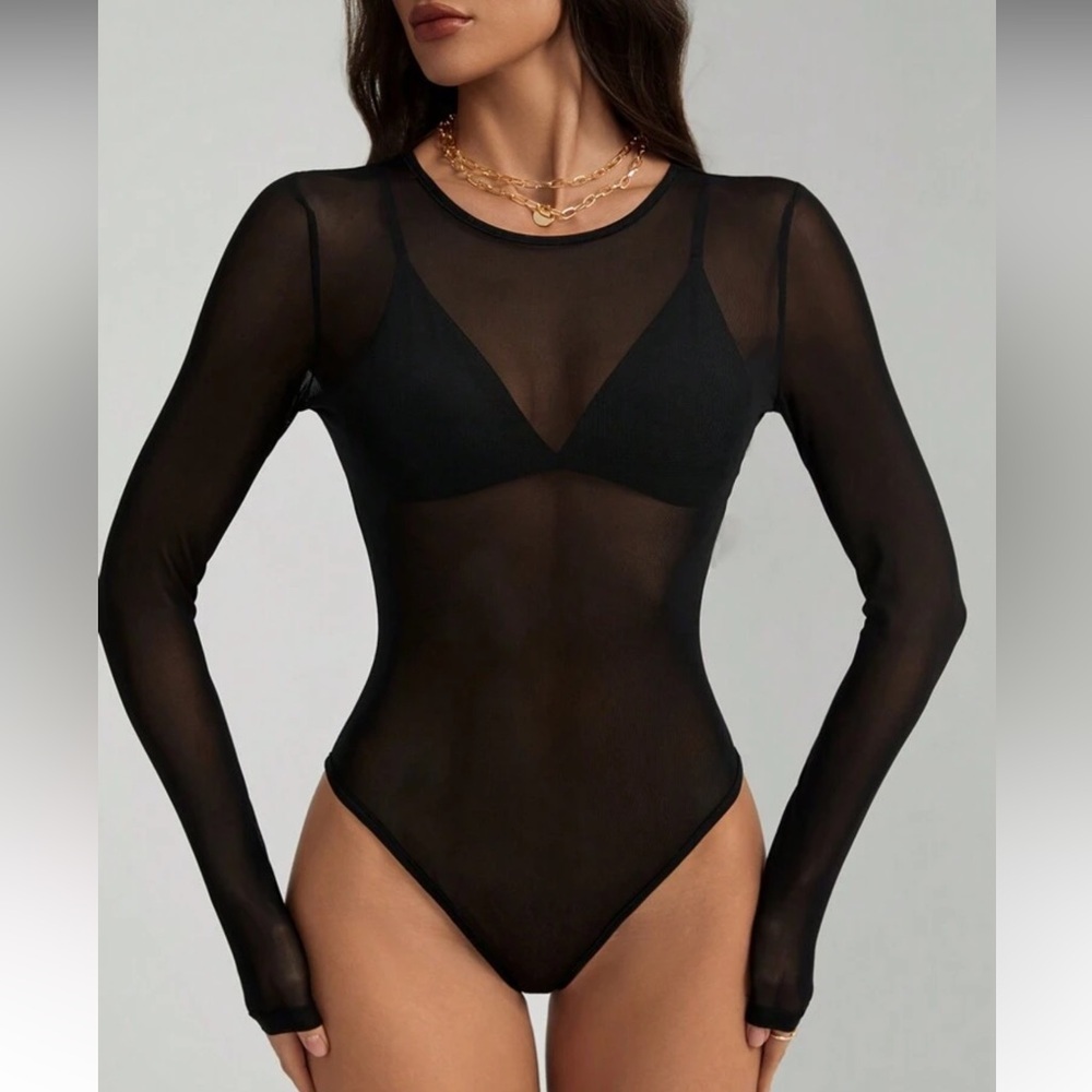 Black Sheer Mesh Bodysuit Long Sleeve Sexy Clubwear Stretch Bodysuit Size Large